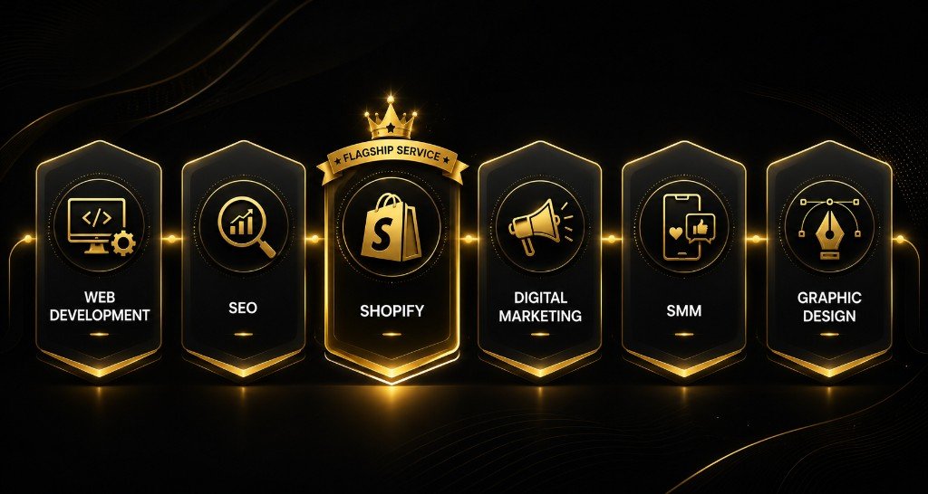 FSA six disciplines flow — Web, SEO, Shopify flagship, digital marketing, SMM, and design in one delivery engine